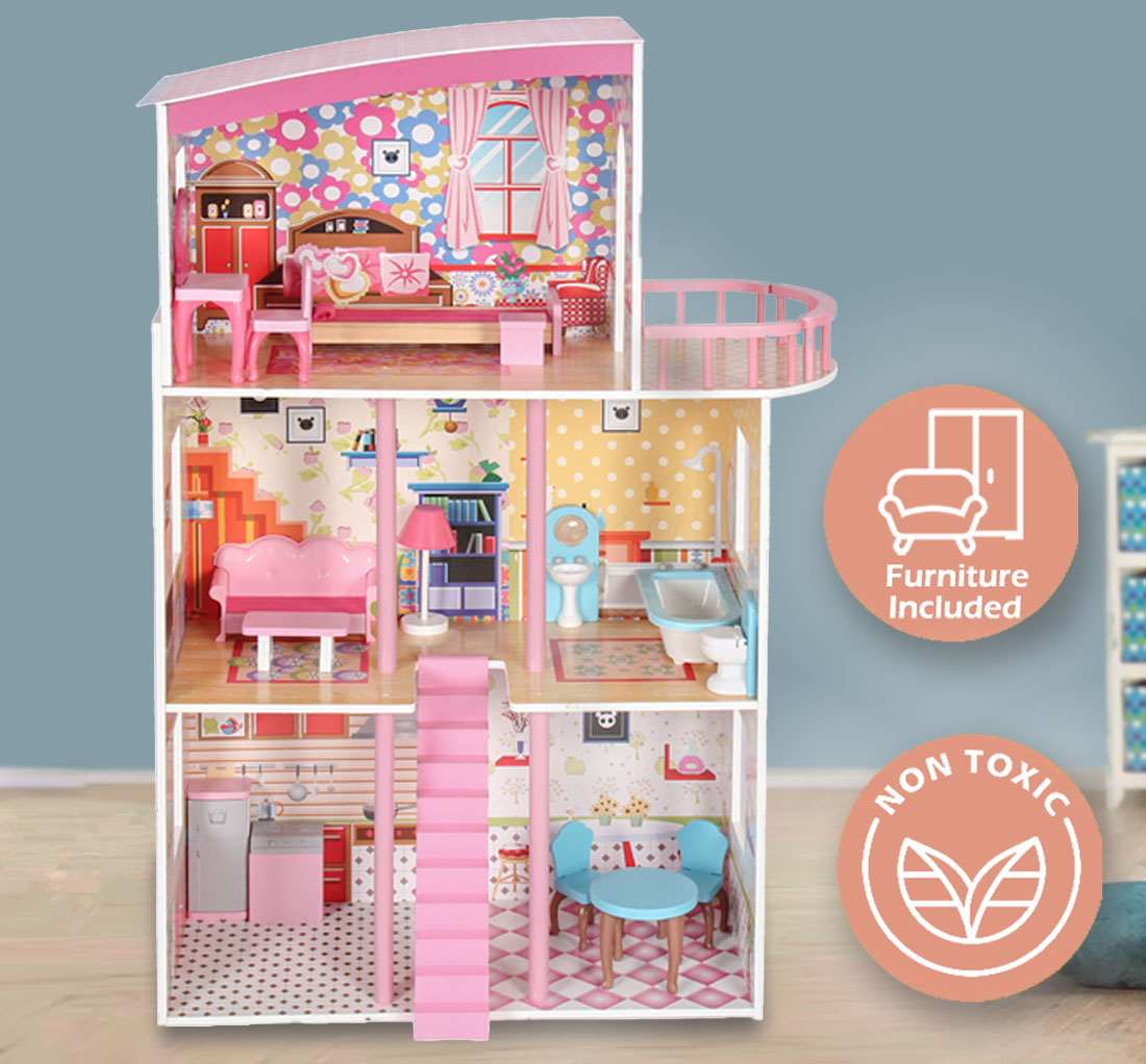 Wooden 3 level doll house with furniture