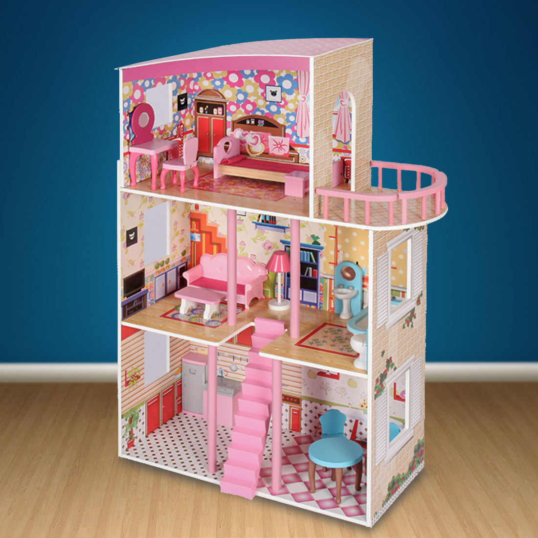 Wooden 3 level doll house with furniture